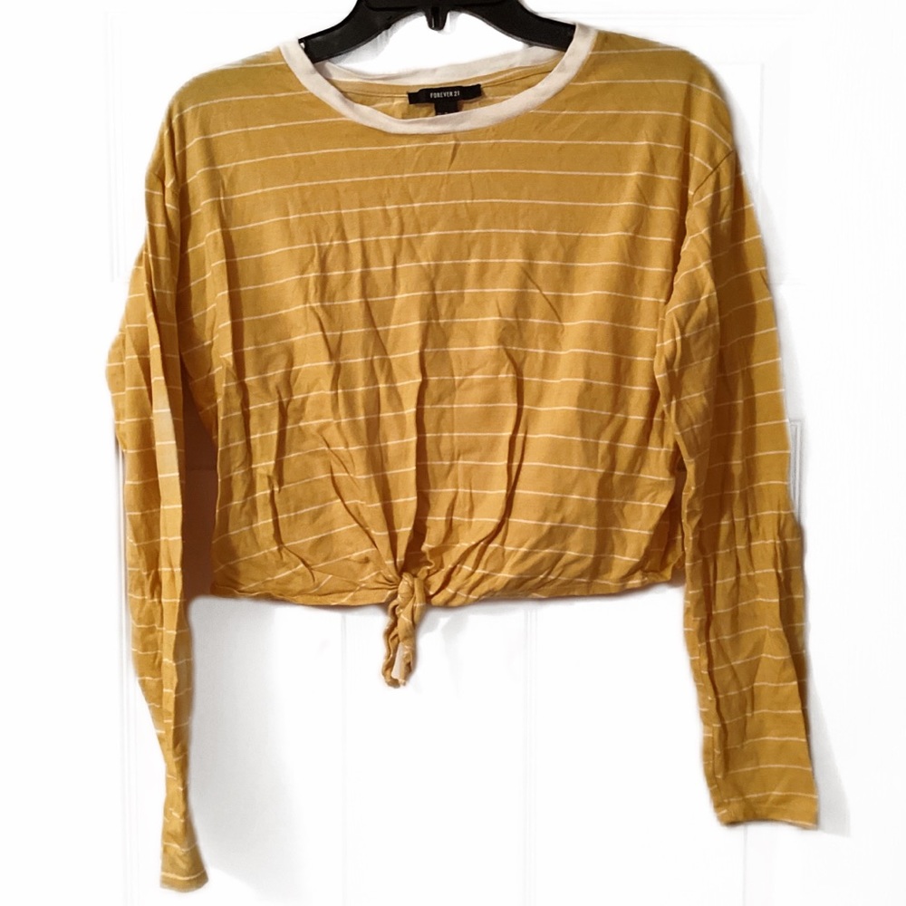 4/$15 🌻 Forever 21 Size M Yellow & White Stripe Cropped Knot Long Sleeved Top
